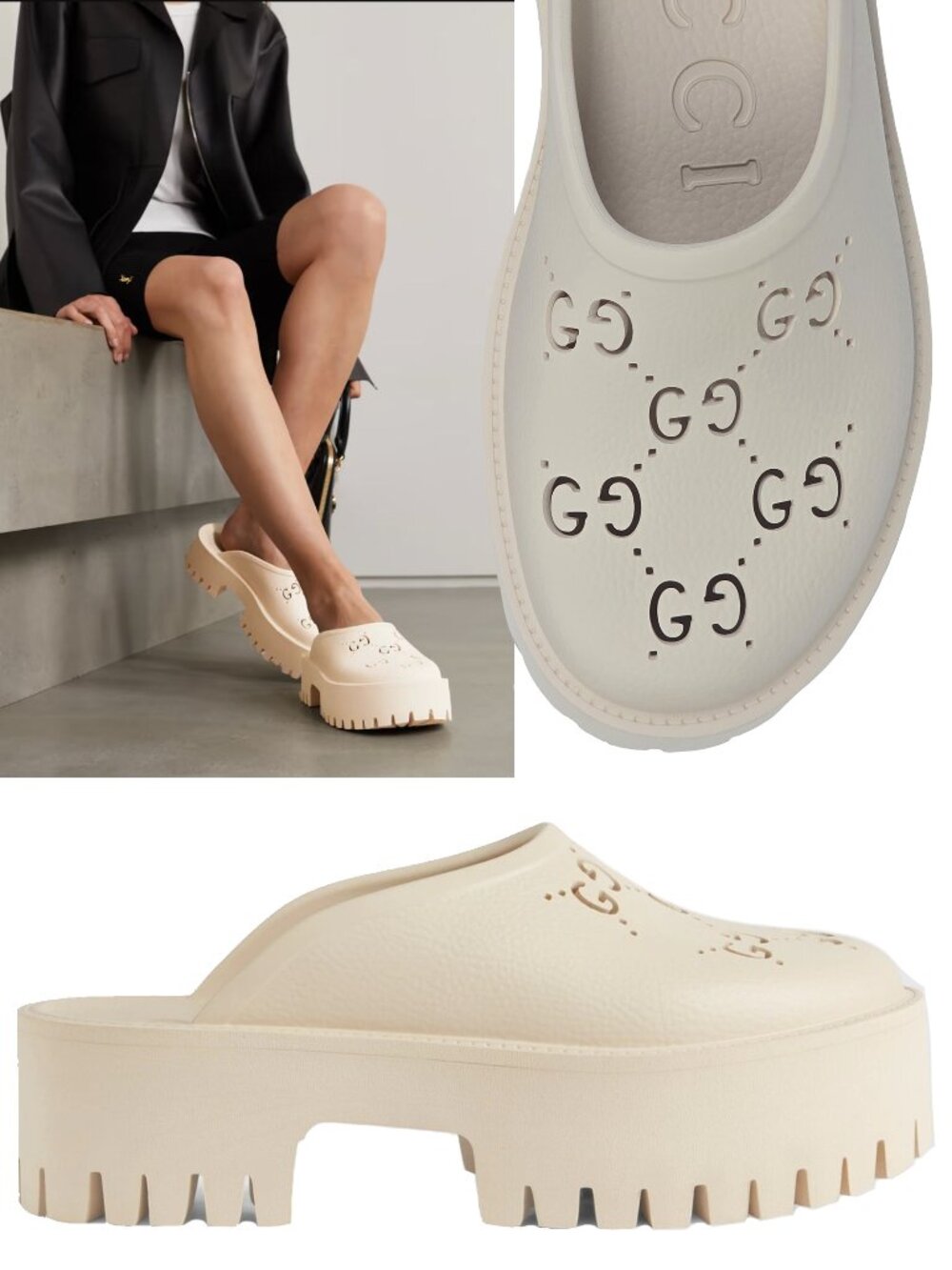 GUCCI SHOES ELEA PERFORATED RUBBER GG LOGO PLATFORM MULES SANDALS